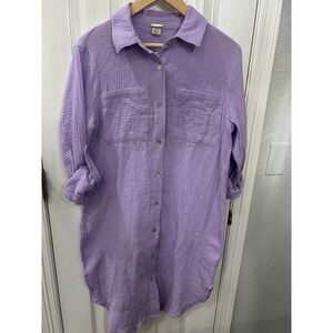 Magaschoni Shirt Dress Purple Organic Cotton Gauze Roll Tab Sleeve beach swim